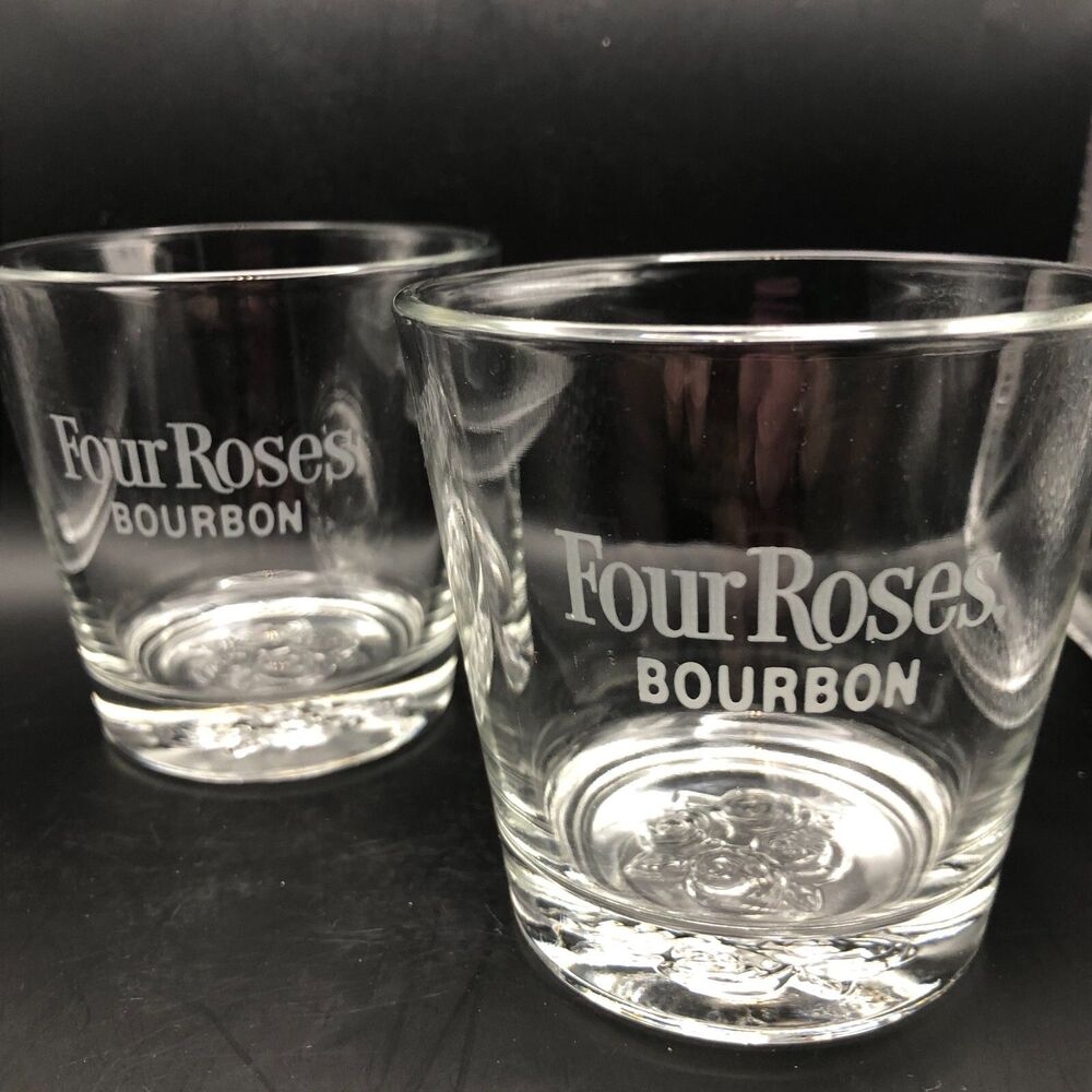 Four Roses Bourbon Whiskey Etched Glasses Set of 2 Embossed Rose Bottom 6 oz KY